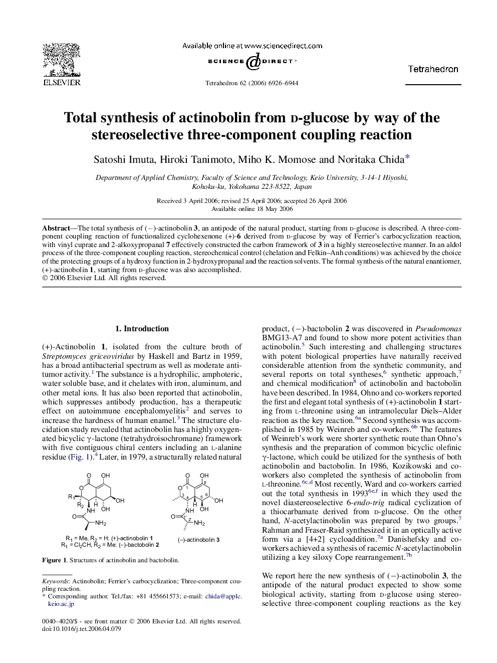 Total synthesis of actinobolin from d-glucose by way of the stereoselective three-component coupling reaction