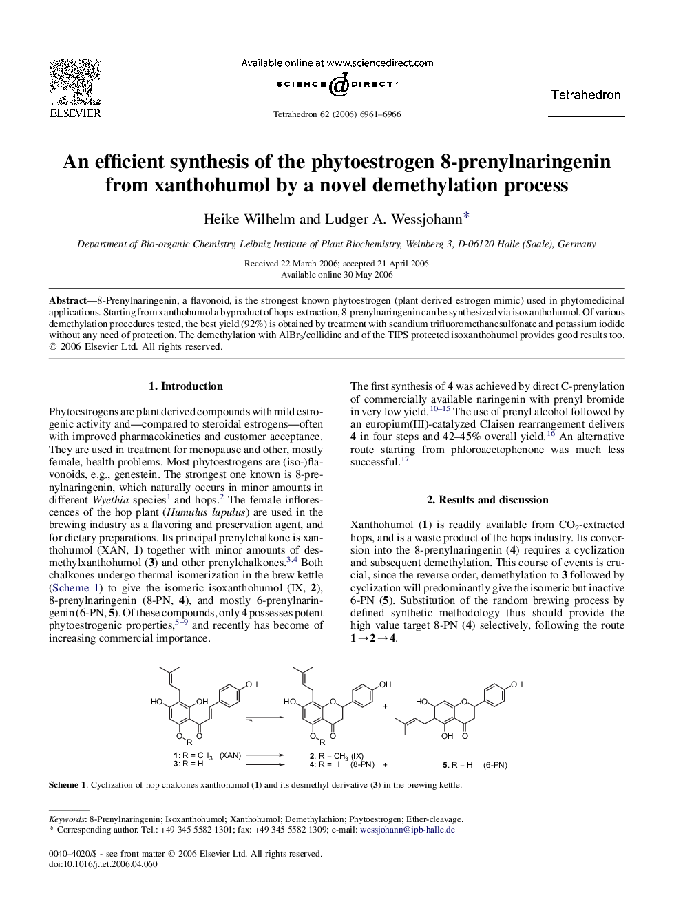 An efficient synthesis of the phytoestrogen 8-prenylnaringenin from xanthohumol by a novel demethylation process