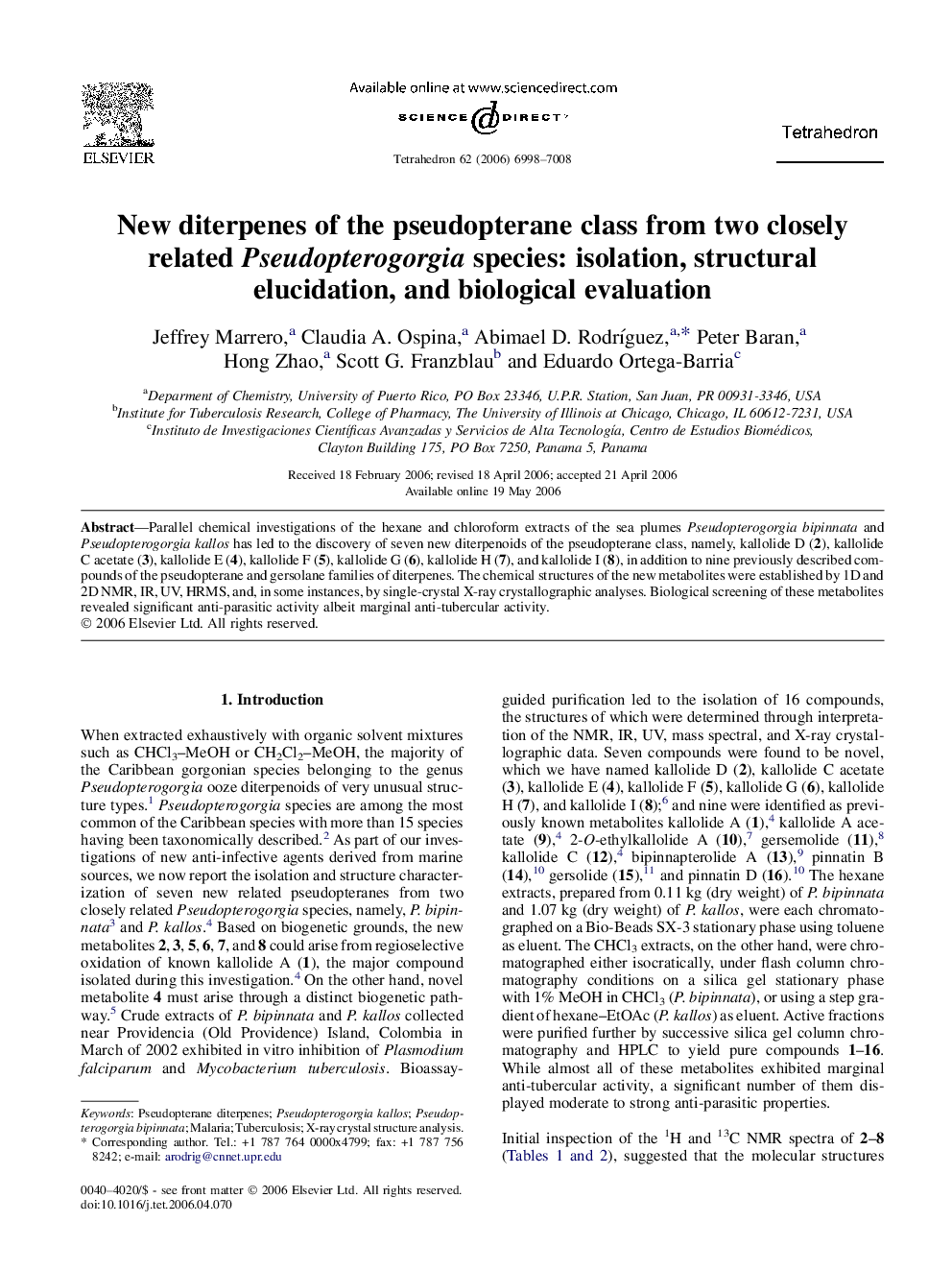 New diterpenes of the pseudopterane class from two closely related Pseudopterogorgia species: isolation, structural elucidation, and biological evaluation