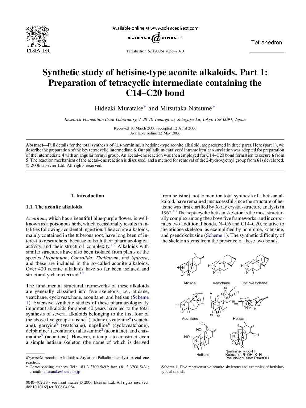 Synthetic study of hetisine-type aconite alkaloids. Part 1: Preparation of tetracyclic intermediate containing the C14-C20 bond