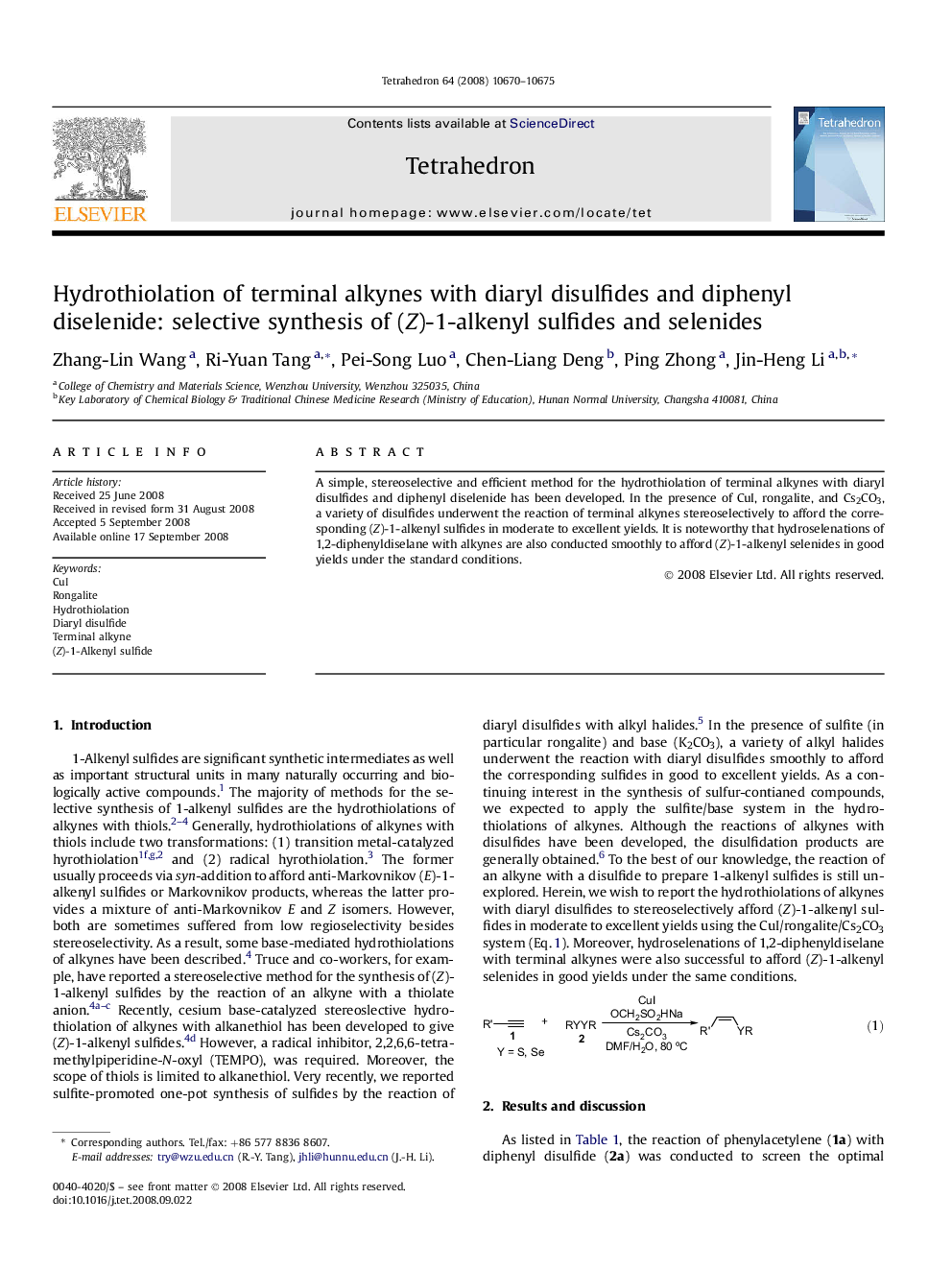 Hydrothiolation of terminal alkynes with diaryl disulfides and diphenyl diselenide: selective synthesis of (Z)-1-alkenyl sulfides and selenides