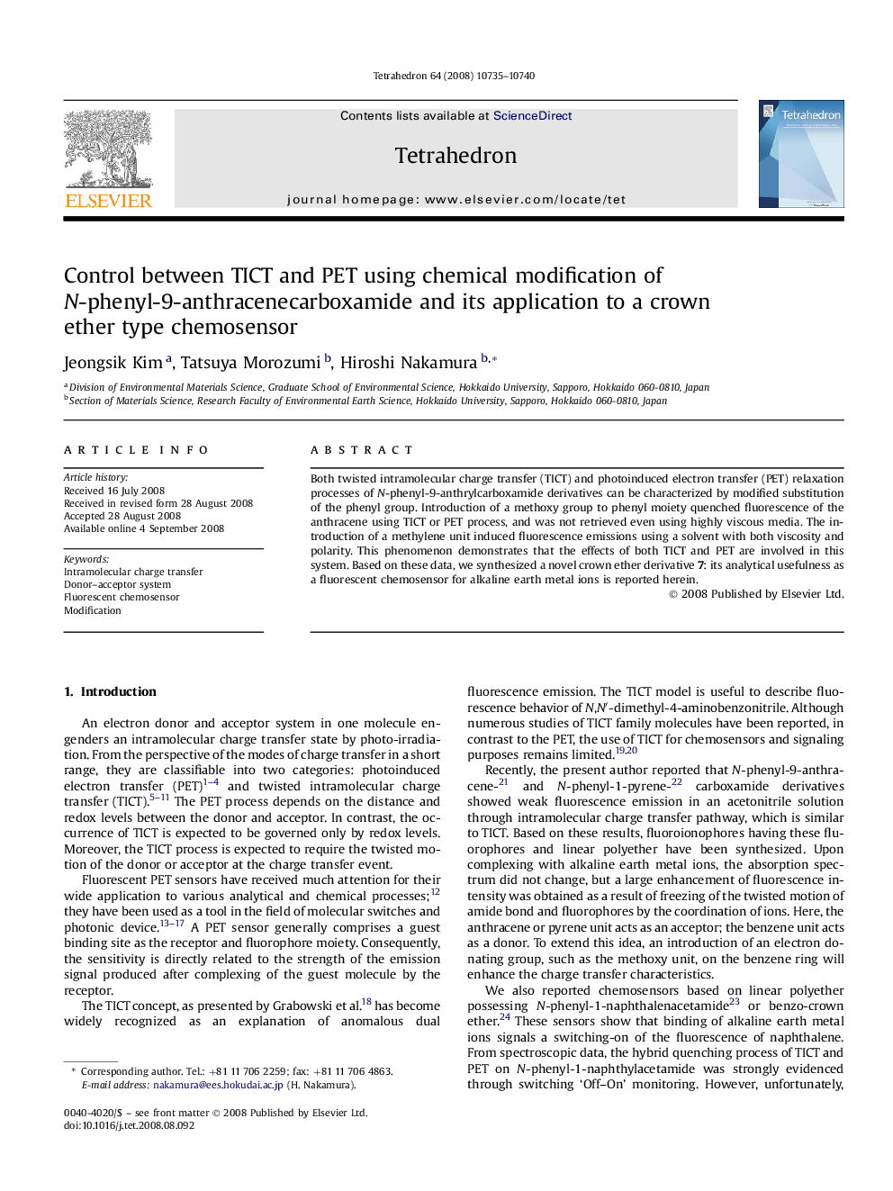 Control between TICT and PET using chemical modification of N-phenyl-9-anthracenecarboxamide and its application to a crown ether type chemosensor