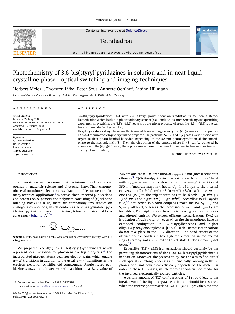 Photochemistry of 3,6-bis(styryl)pyridazines in solution and in neat liquid crystalline phase-optical switching and imaging techniques