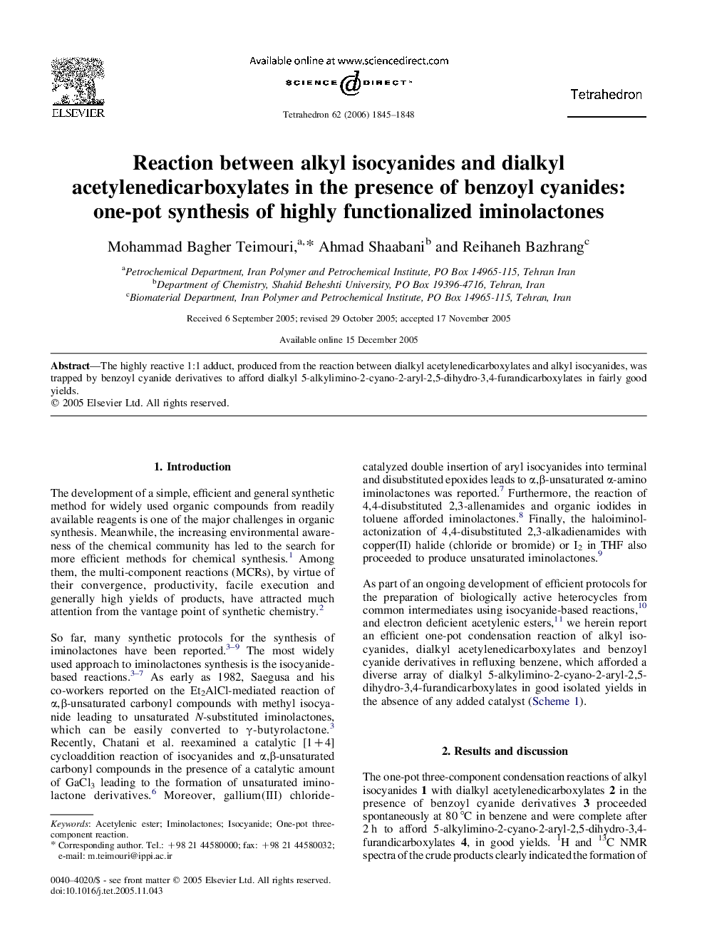 Reaction between alkyl isocyanides and dialkyl acetylenedicarboxylates in the presence of benzoyl cyanides: one-pot synthesis of highly functionalized iminolactones