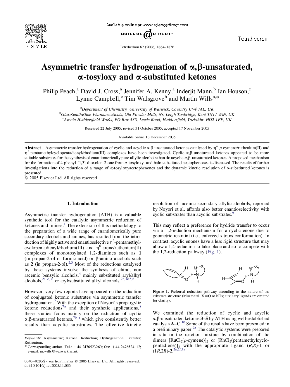 Asymmetric transfer hydrogenation of Î±,Î²-unsaturated, Î±-tosyloxy and Î±-substituted ketones