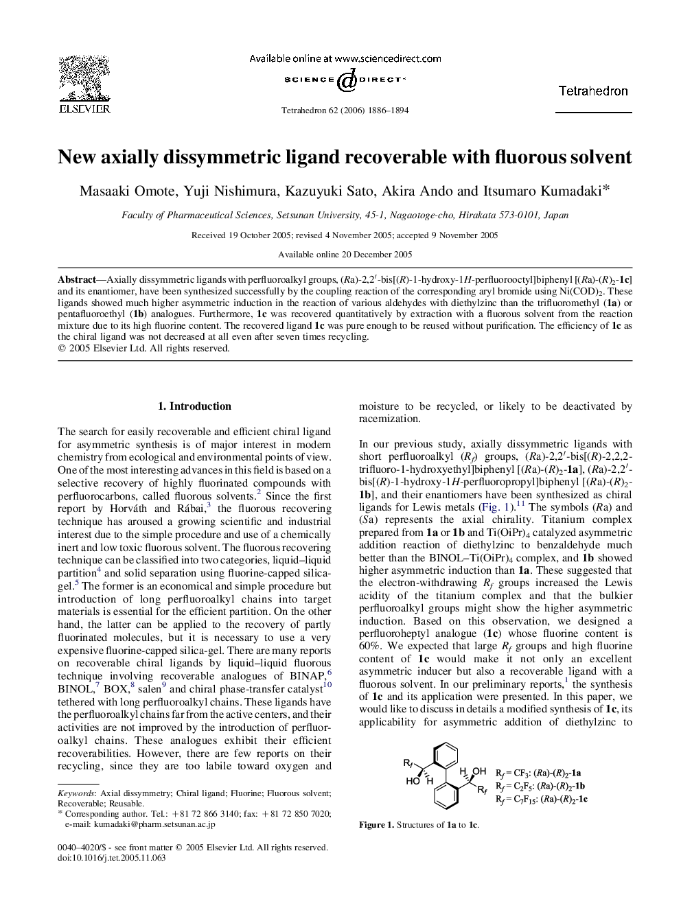 New axially dissymmetric ligand recoverable with fluorous solvent