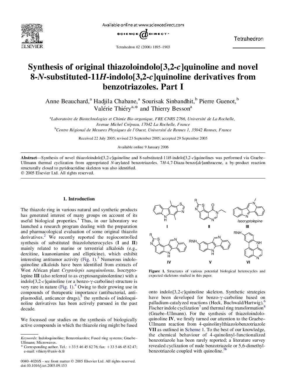 Synthesis of original thiazoloindolo[3,2-c]quinoline and novel 8-N-substituted-11H-indolo[3,2-c]quinoline derivatives from benzotriazoles. Part I