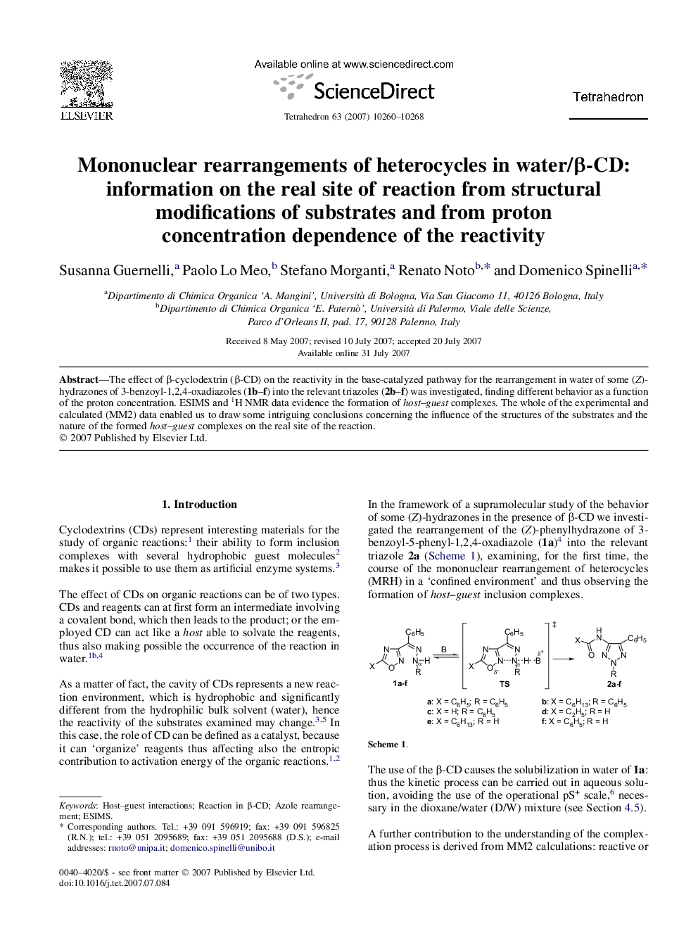 Mononuclear rearrangements of heterocycles in water/Î²-CD: information on the real site of reaction from structural modifications of substrates and from proton concentration dependence of the reactivity