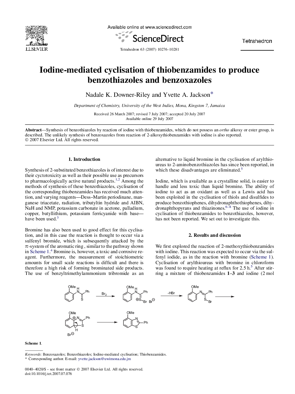 Iodine-mediated cyclisation of thiobenzamides to produce benzothiazoles and benzoxazoles