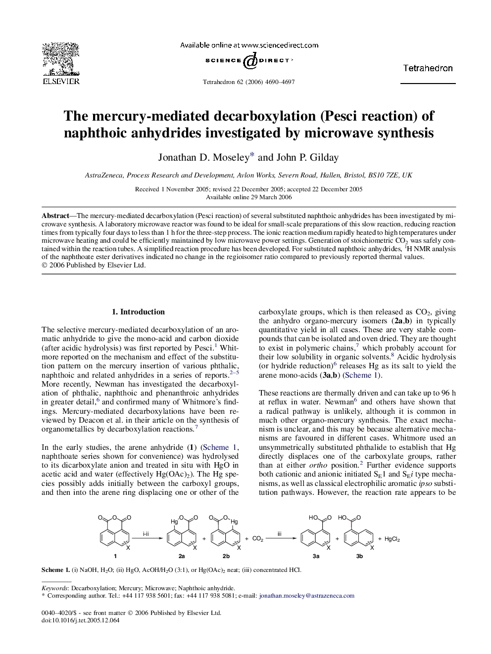 The mercury-mediated decarboxylation (Pesci reaction) of naphthoic anhydrides investigated by microwave synthesis