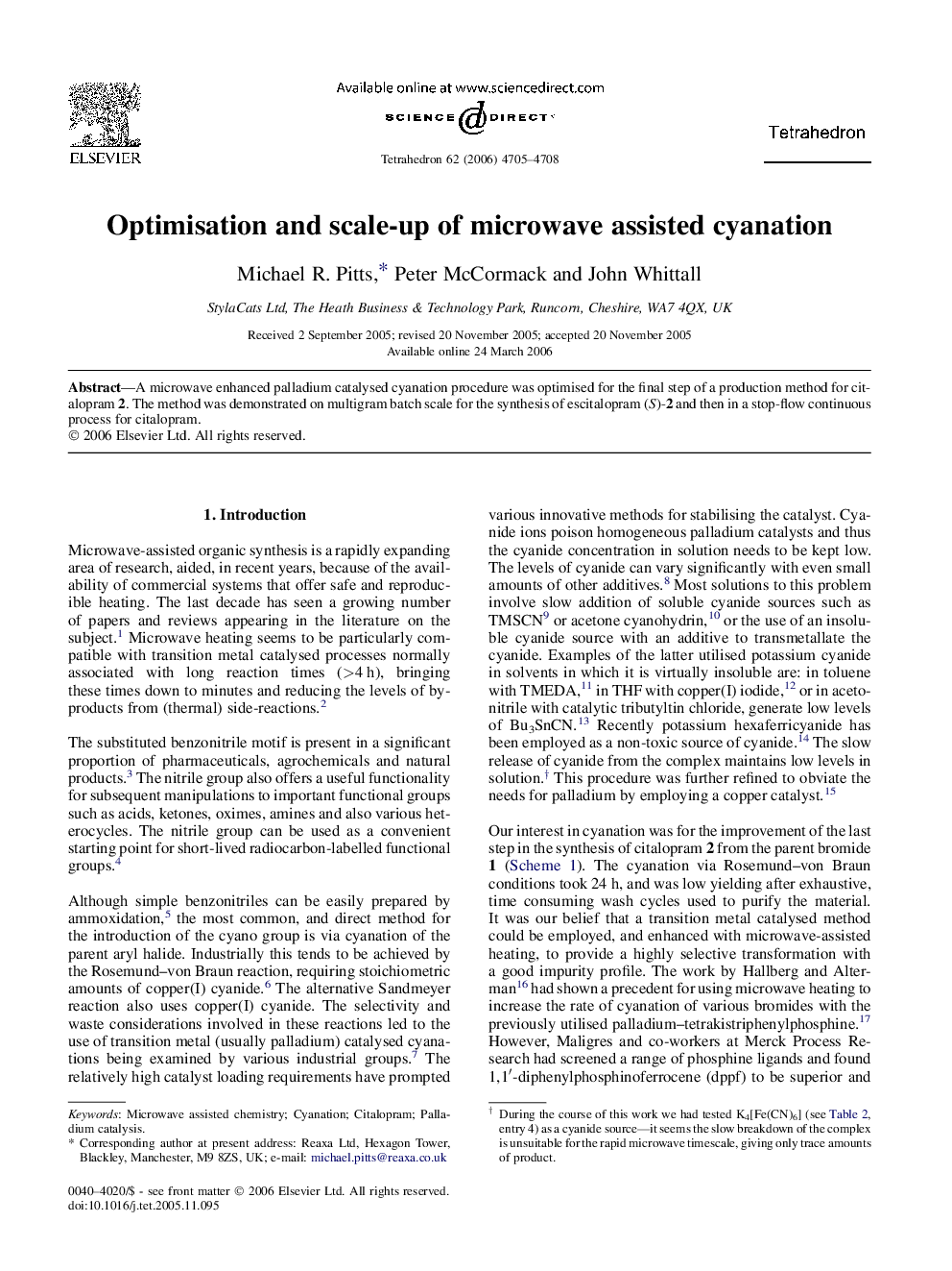 Optimisation and scale-up of microwave assisted cyanation
