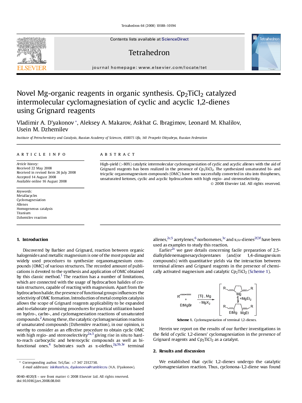 Novel Mg-organic reagents in organic synthesis. Cp2TiCl2 catalyzed intermolecular cyclomagnesiation of cyclic and acyclic 1,2-dienes using Grignard reagents