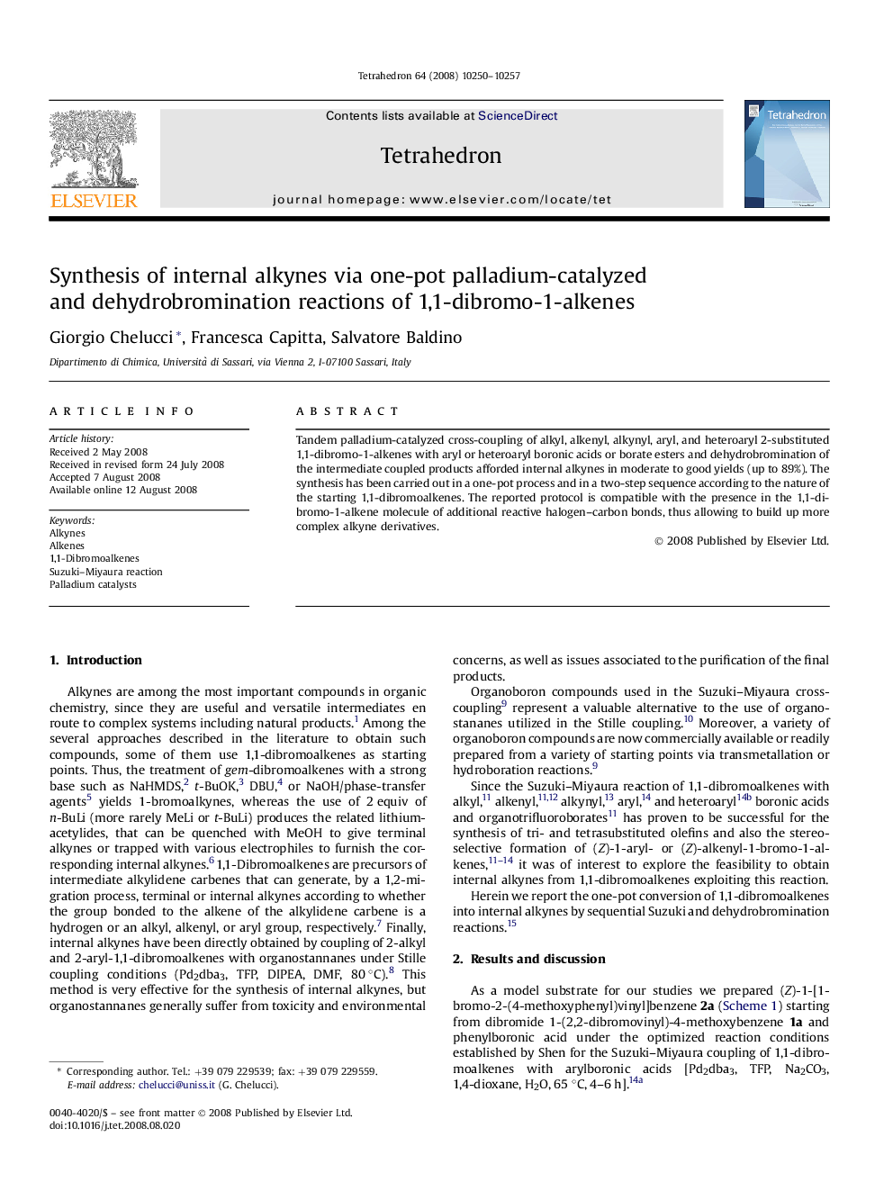 Synthesis of internal alkynes via one-pot palladium-catalyzed and dehydrobromination reactions of 1,1-dibromo-1-alkenes