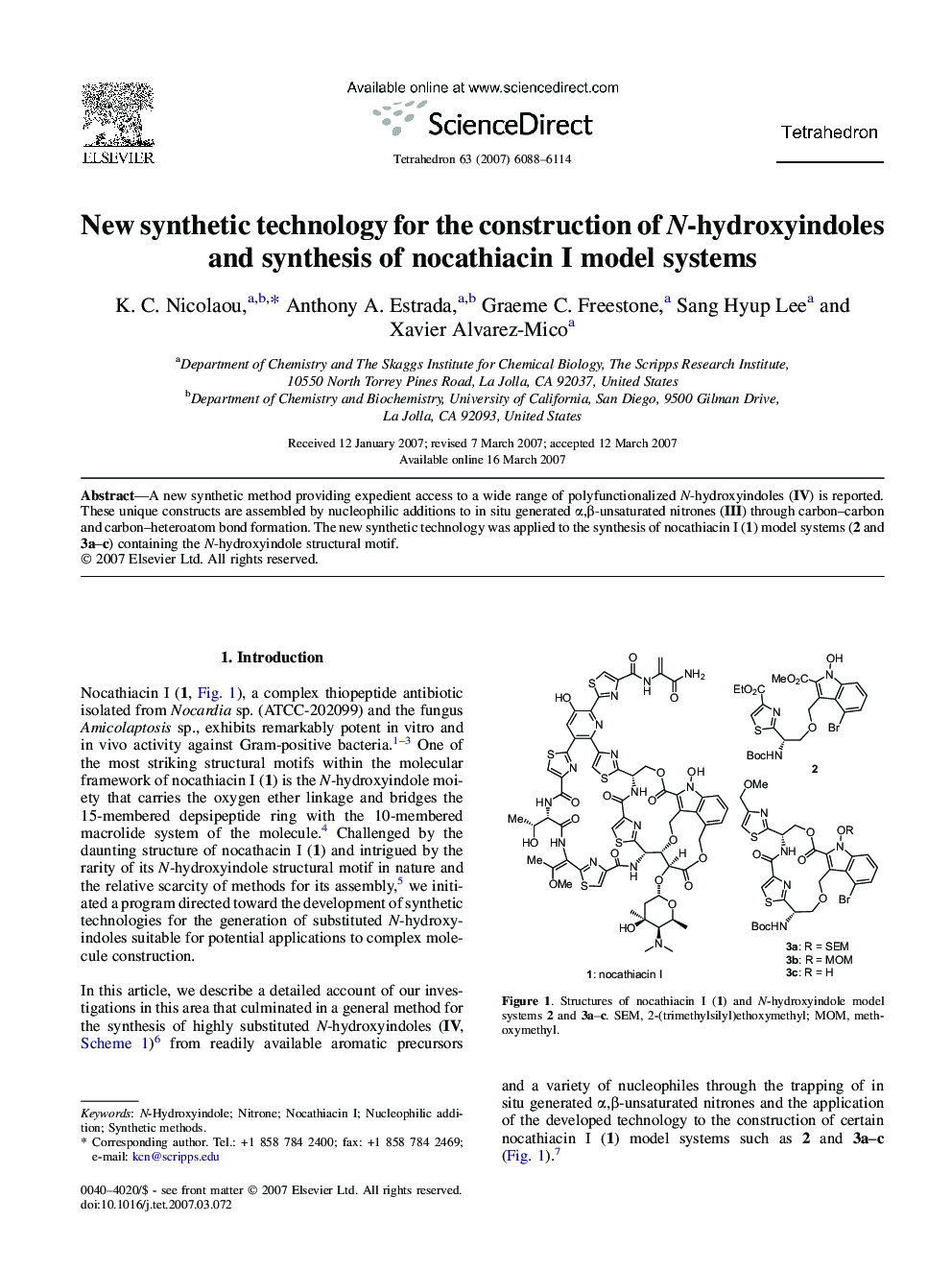 New synthetic technology for the construction of N-hydroxyindoles and synthesis of nocathiacin I model systems