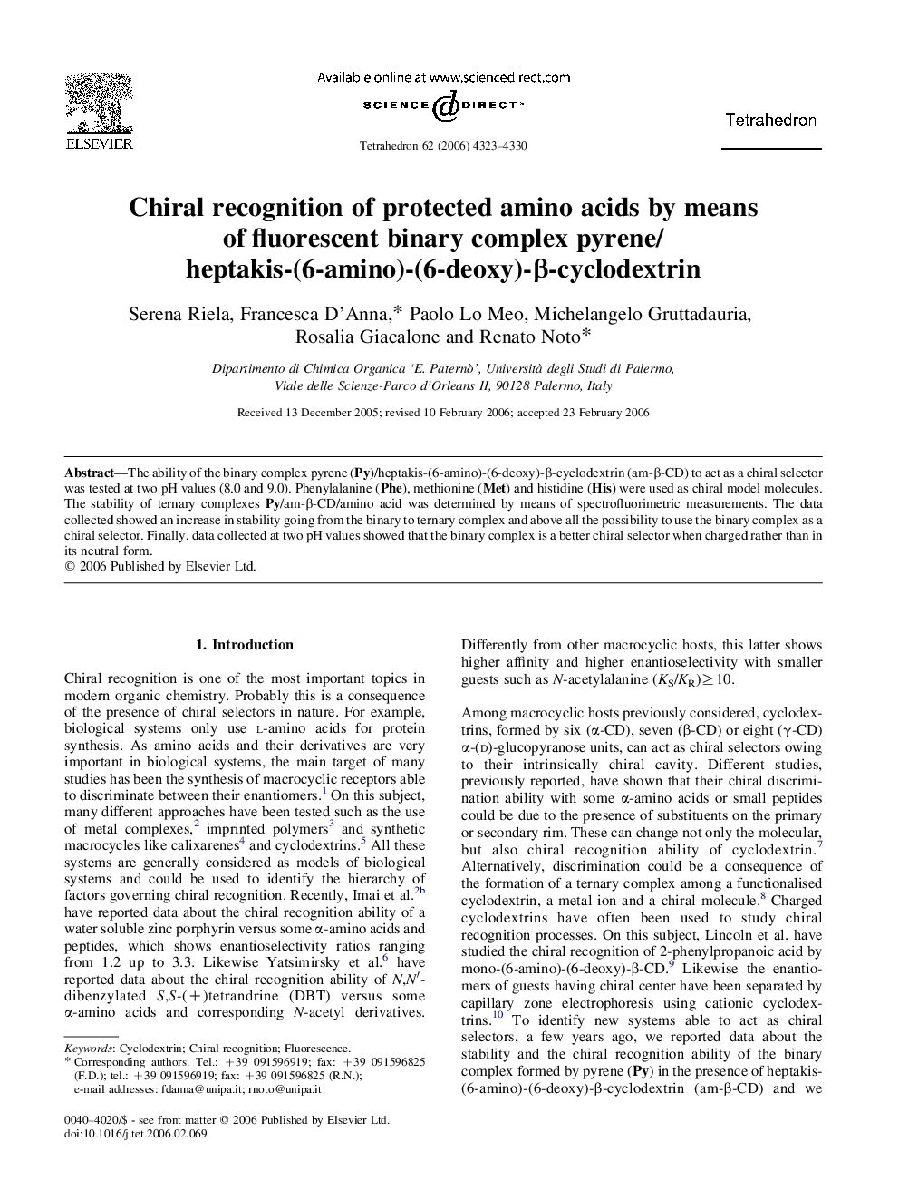 Chiral recognition of protected amino acids by means of fluorescent binary complex pyrene/heptakis-(6-amino)-(6-deoxy)-Î²-cyclodextrin