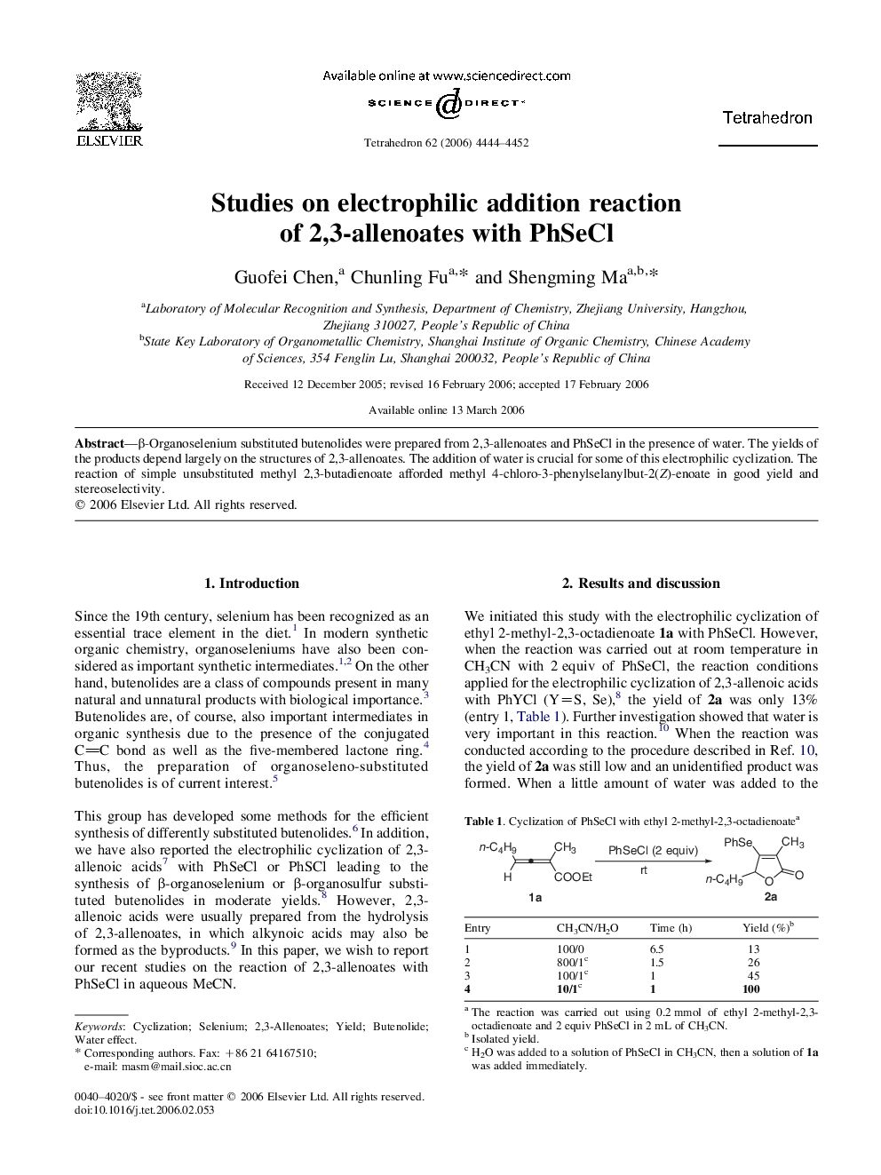 Studies on electrophilic addition reaction of 2,3-allenoates with PhSeCl