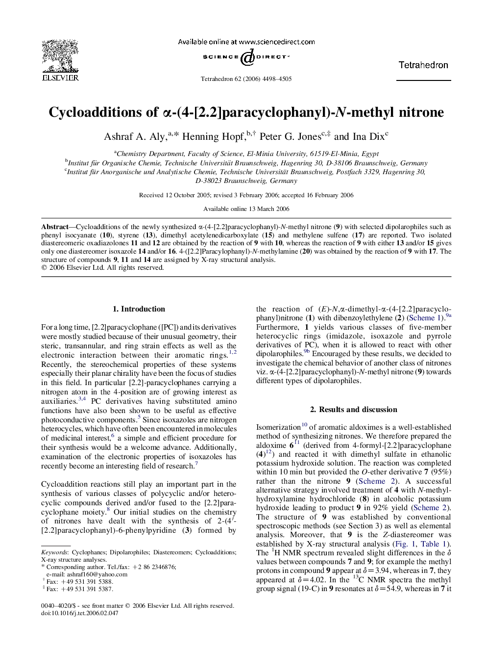 Cycloadditions of Î±-(4-[2.2]paracyclophanyl)-N-methyl nitrone