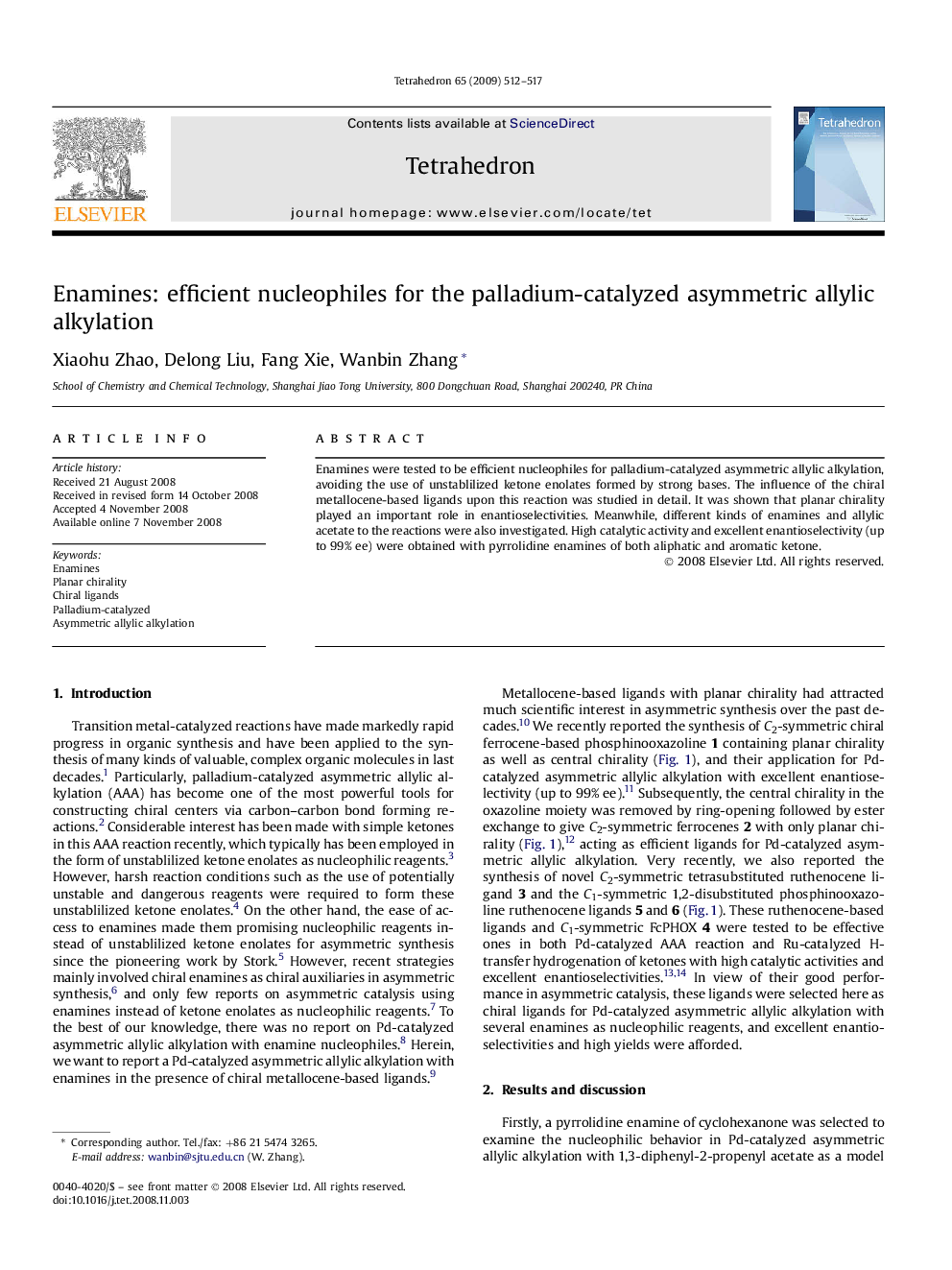 عکس صفحه اول مقاله: Enamines: efficient nucleophiles for the palladium-catalyzed asymmetric allylic alkylation Enamines: efficient nucleophiles for the palladium-catalyzed asymmetric allylic alkylation