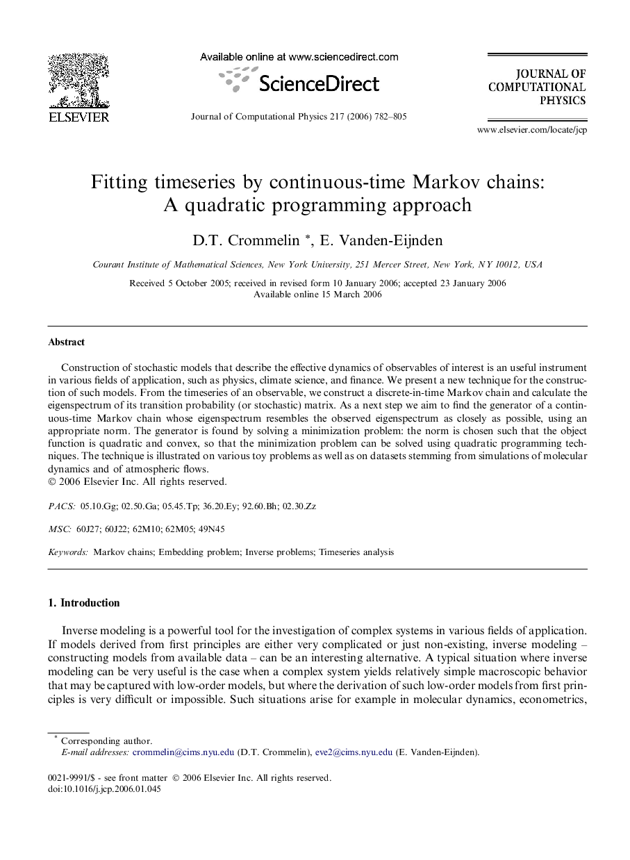 Fitting timeseries by continuous-time Markov chains: A quadratic programming approach