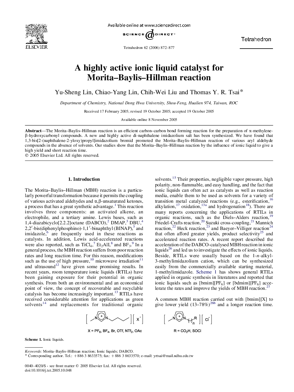 A highly active ionic liquid catalyst for Morita-Baylis-Hillman reaction