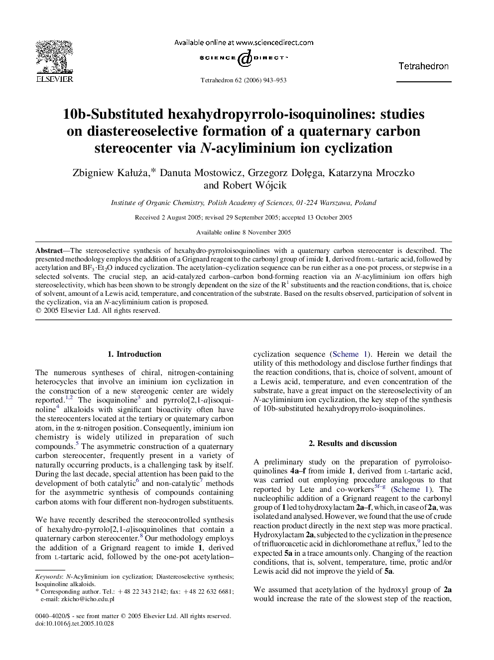 10b-Substituted hexahydropyrrolo-isoquinolines: studies on diastereoselective formation of a quaternary carbon stereocenter via N-acyliminium ion cyclization