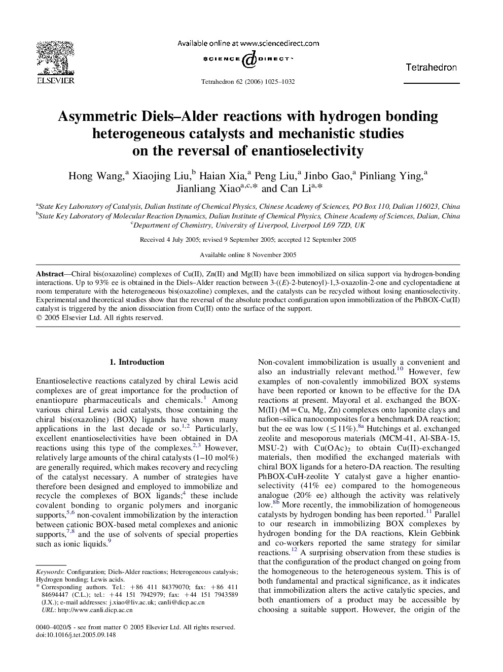 Asymmetric Diels-Alder reactions with hydrogen bonding heterogeneous catalysts and mechanistic studies on the reversal of enantioselectivity