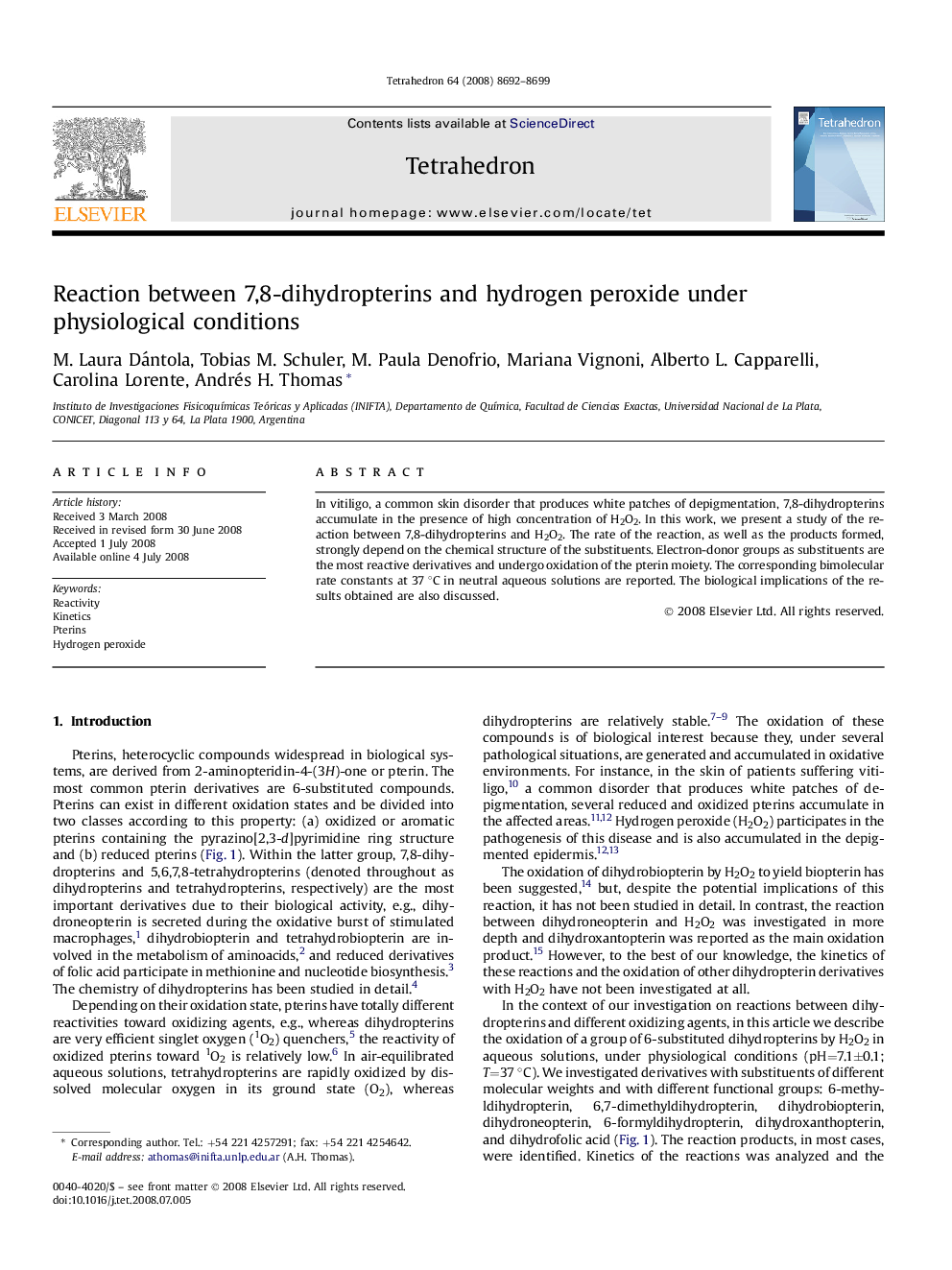 Reaction between 7,8-dihydropterins and hydrogen peroxide under physiological conditions