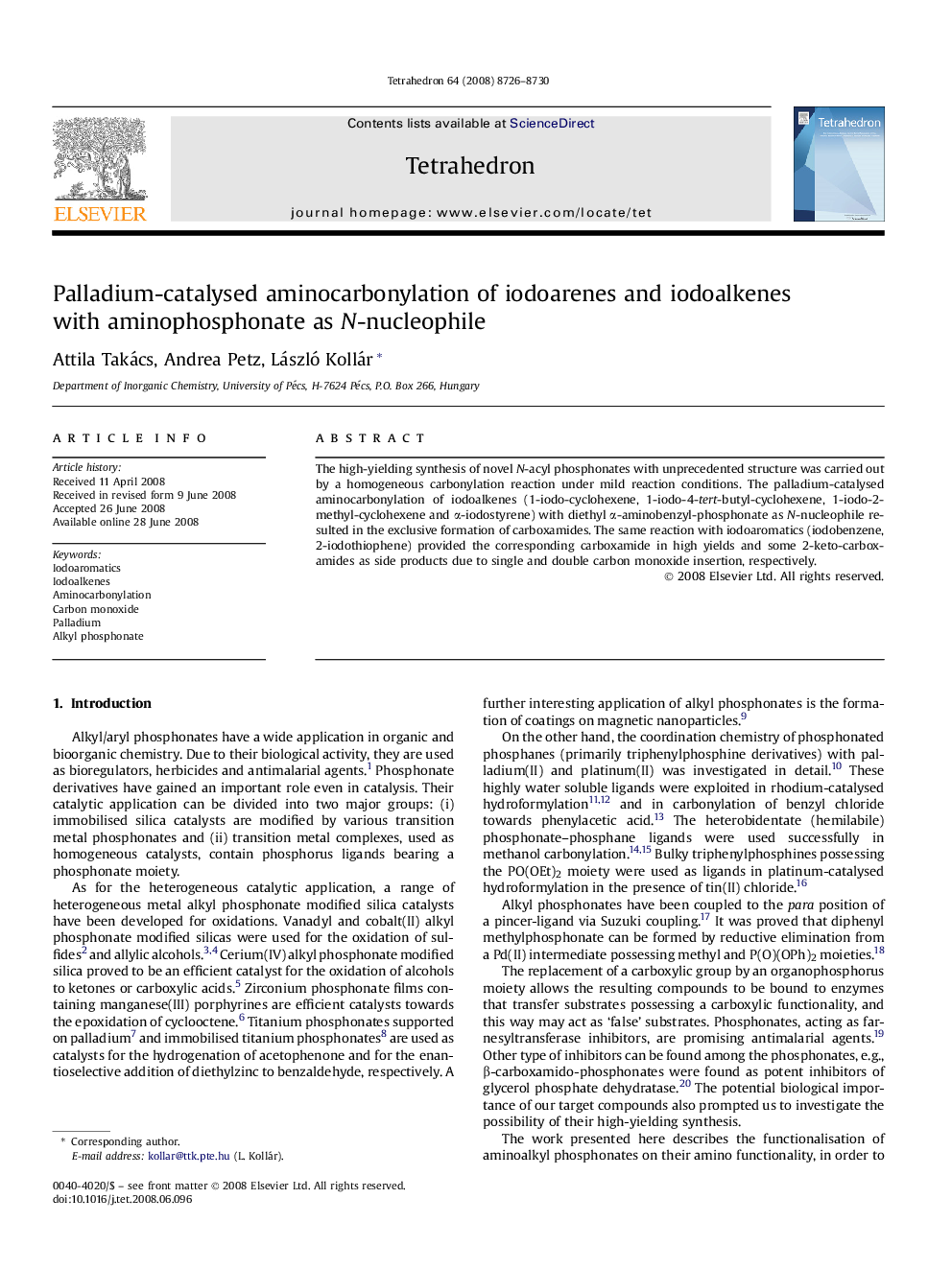 Palladium-catalysed aminocarbonylation of iodoarenes and iodoalkenes with aminophosphonate as N-nucleophile