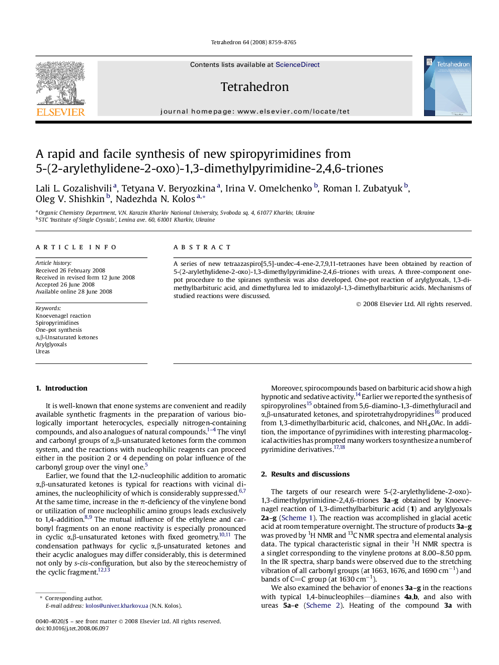 A rapid and facile synthesis of new spiropyrimidines from 5-(2-arylethylidene-2-oxo)-1,3-dimethylpyrimidine-2,4,6-triones