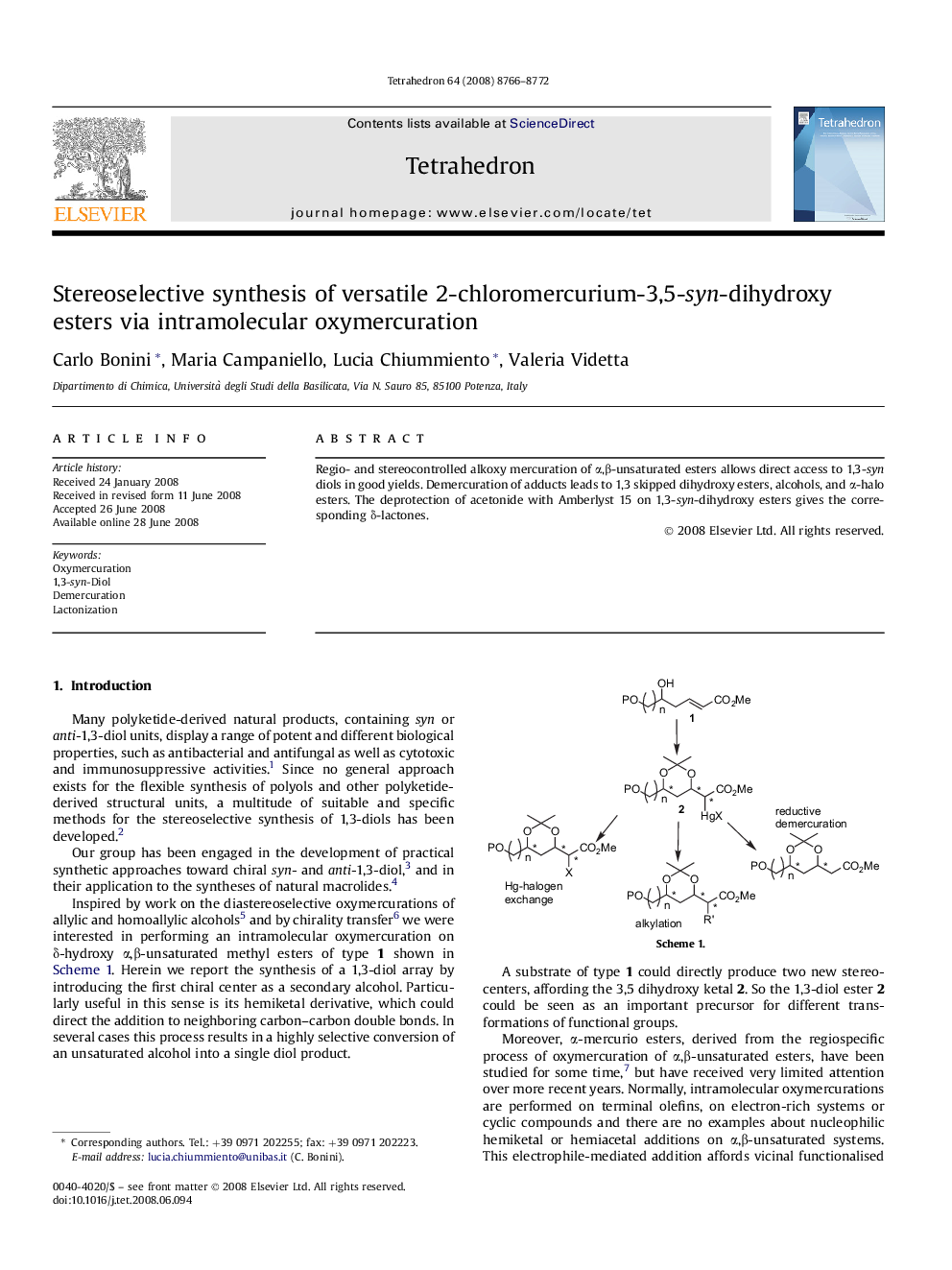 Stereoselective synthesis of versatile 2-chloromercurium-3,5-syn-dihydroxy esters via intramolecular oxymercuration