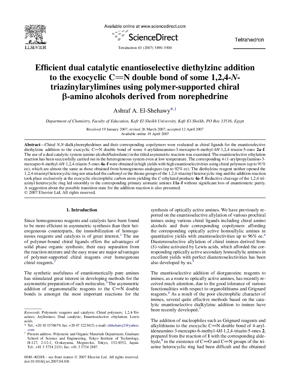 Efficient dual catalytic enantioselective diethylzinc addition to the exocyclic CN double bond of some 1,2,4-N-triazinylarylimines using polymer-supported chiral Î²-amino alcohols derived from norephedrine