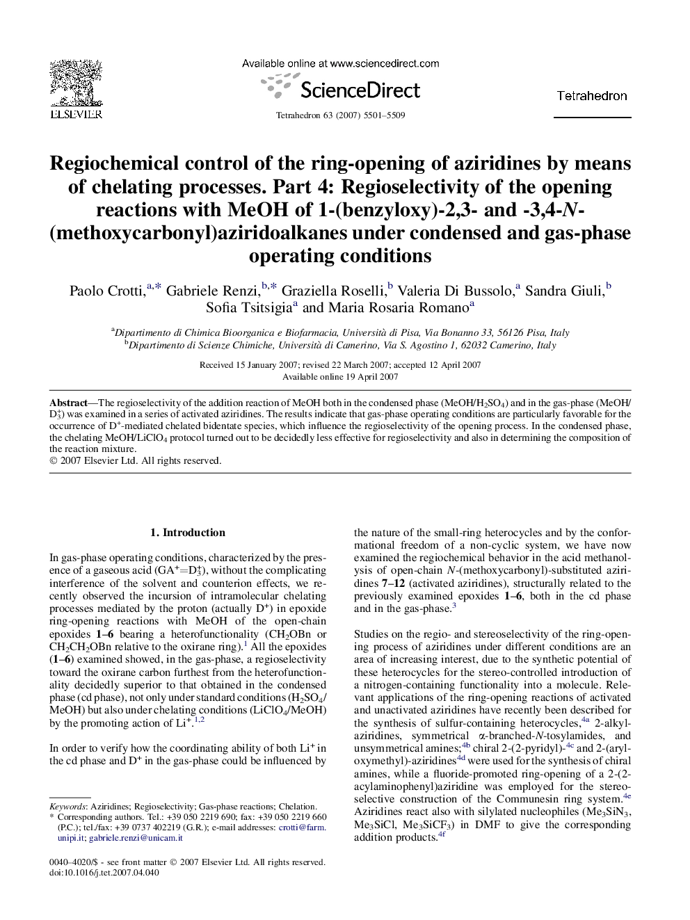 Regiochemical control of the ring-opening of aziridines by means of chelating processes. Part 4: Regioselectivity of the opening reactions with MeOH of 1-(benzyloxy)-2,3- and -3,4-N-(methoxycarbonyl)aziridoalkanes under condensed and gas-phase operating c