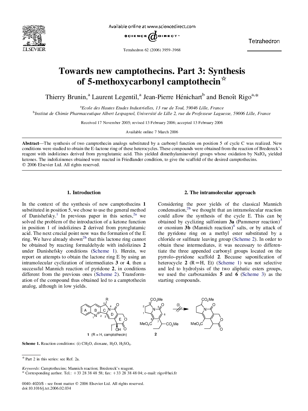 Towards new camptothecins. Part 3: Synthesis of 5-methoxycarbonyl camptothecin