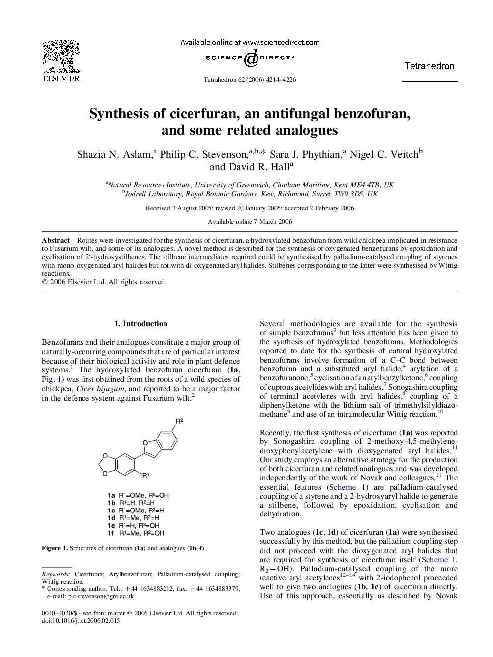 Synthesis of cicerfuran, an antifungal benzofuran, and some related analogues