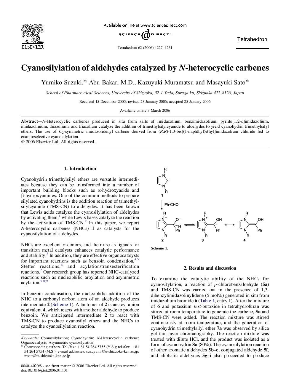 Cyanosilylation of aldehydes catalyzed by N-heterocyclic carbenes