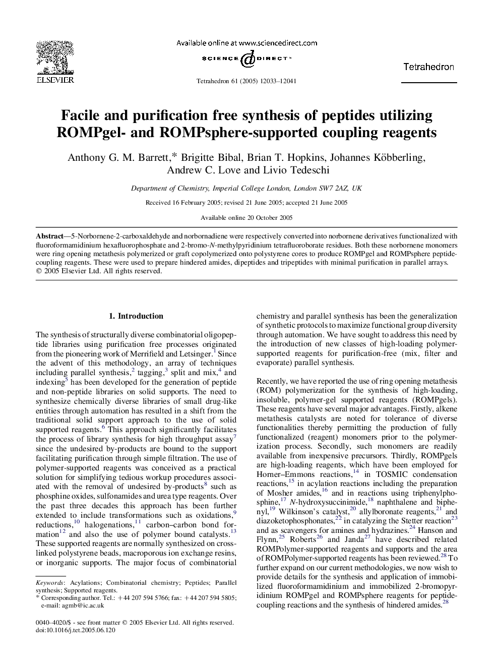 Facile and purification free synthesis of peptides utilizing ROMPgel- and ROMPsphere-supported coupling reagents