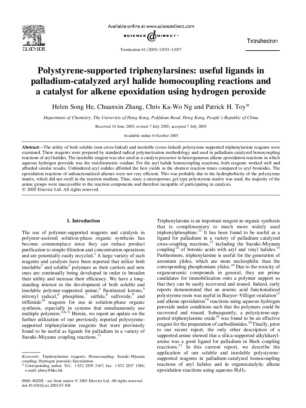 Polystyrene-supported triphenylarsines: useful ligands in palladium-catalyzed aryl halide homocoupling reactions and a catalyst for alkene epoxidation using hydrogen peroxide