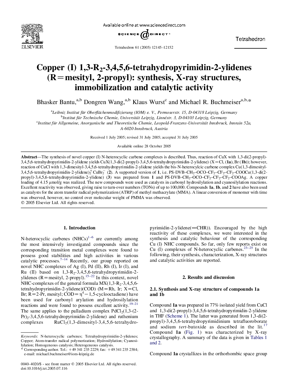 Copper (I) 1,3-R2-3,4,5,6-tetrahydropyrimidin-2-ylidenes (R=mesityl, 2-propyl): synthesis, X-ray structures, immobilization and catalytic activity