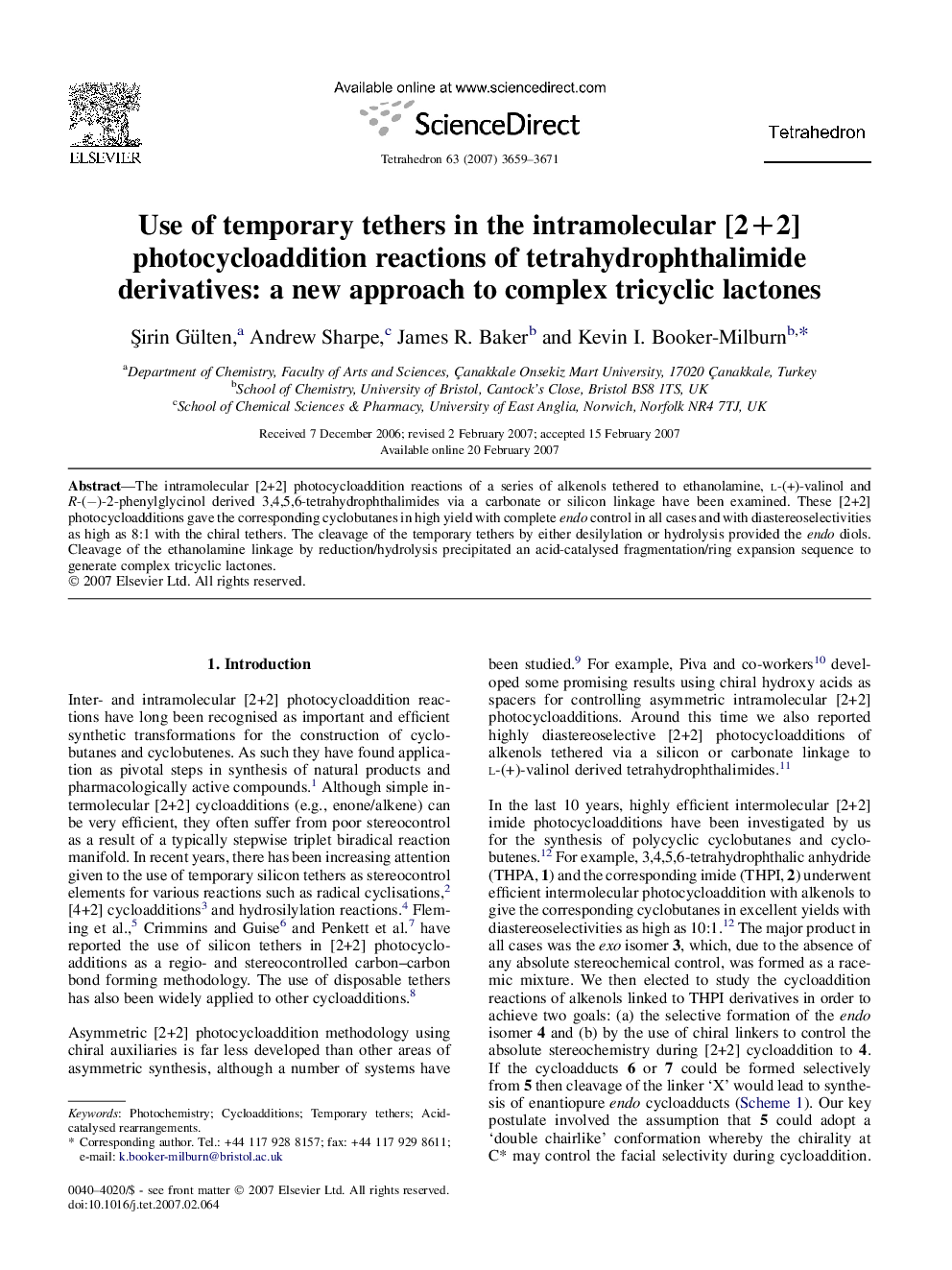 Use of temporary tethers in the intramolecular [2+2] photocycloaddition reactions of tetrahydrophthalimide derivatives: a new approach to complex tricyclic lactones