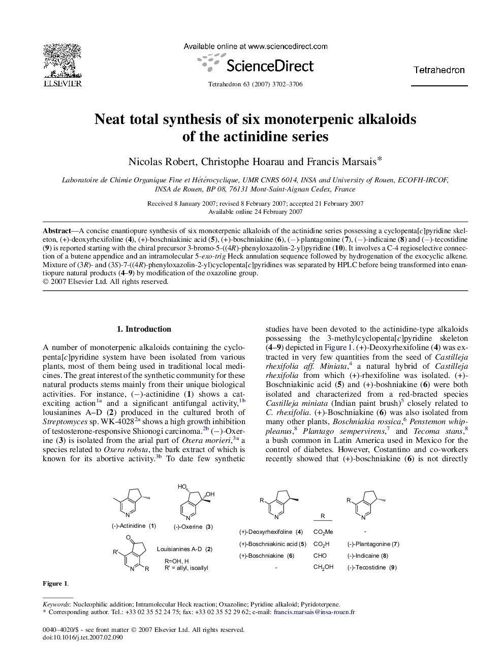 Neat total synthesis of six monoterpenic alkaloids of the actinidine series