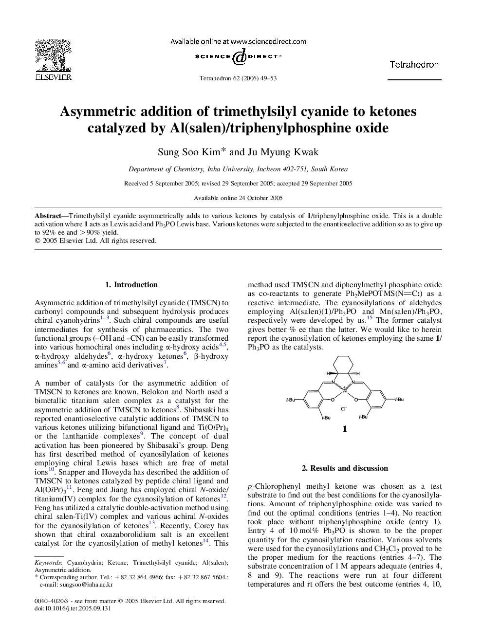 Asymmetric addition of trimethylsilyl cyanide to ketones catalyzed by Al(salen)/triphenylphosphine oxide