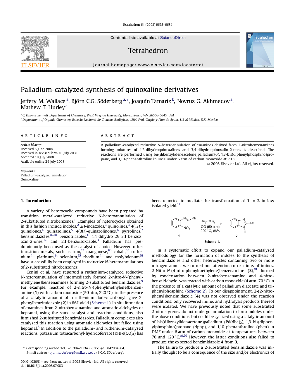 Palladium-catalyzed synthesis of quinoxaline derivatives