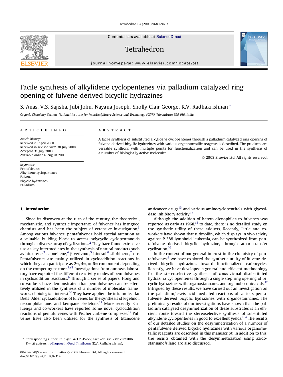 Facile synthesis of alkylidene cyclopentenes via palladium catalyzed ring opening of fulvene derived bicyclic hydrazines