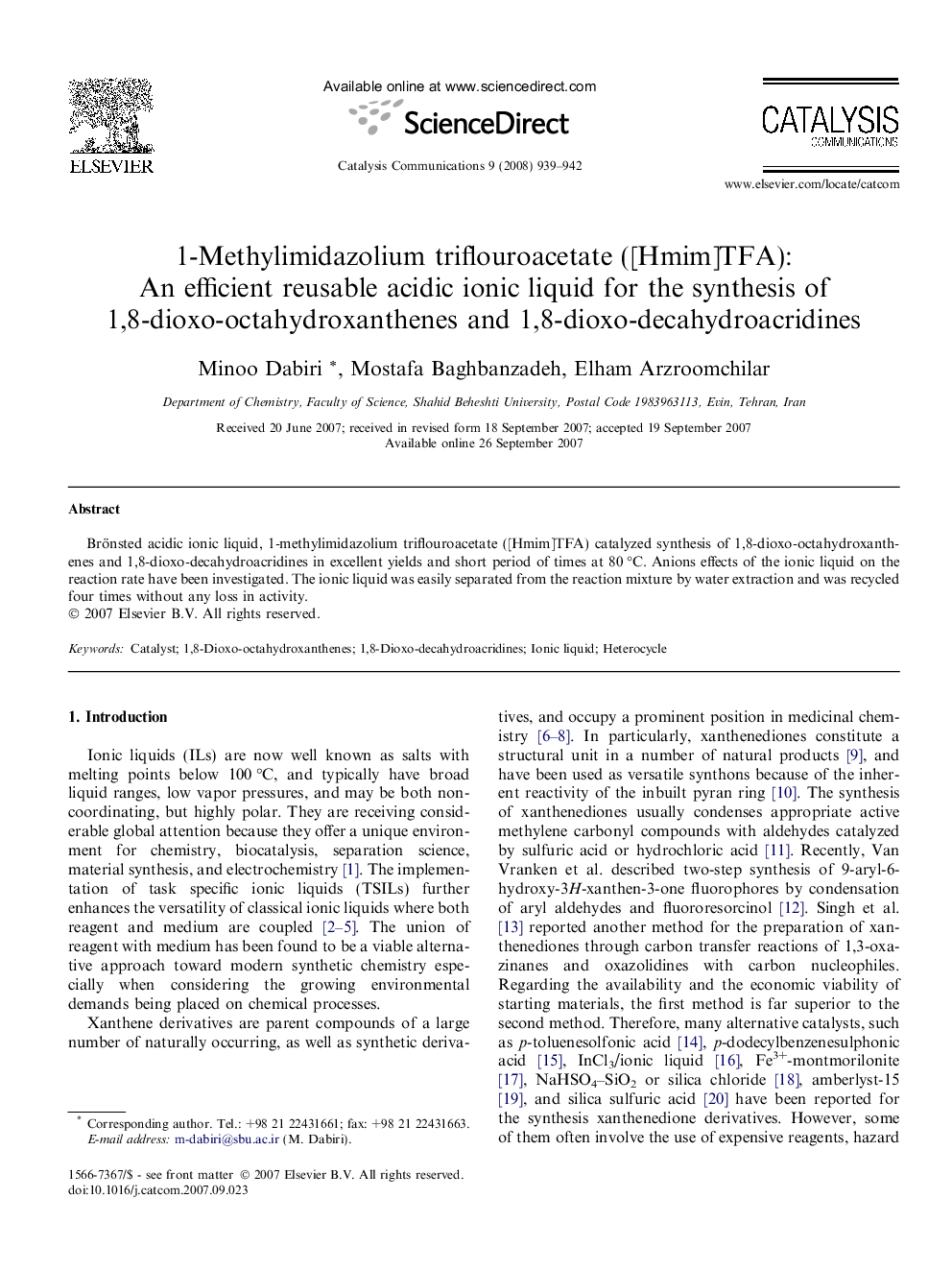 1-Methylimidazolium triflouroacetate ([Hmim]TFA): An efficient reusable acidic ionic liquid for the synthesis of 1,8-dioxo-octahydroxanthenes and 1,8-dioxo-decahydroacridines