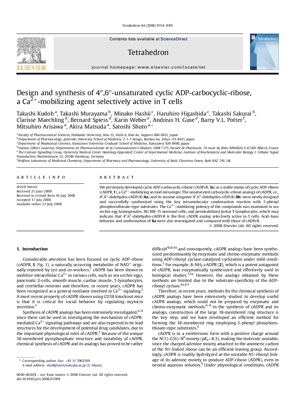 Design and synthesis of 4â³,6â³-unsaturated cyclic ADP-carbocyclic-ribose, a Ca2+-mobilizing agent selectively active in T cells