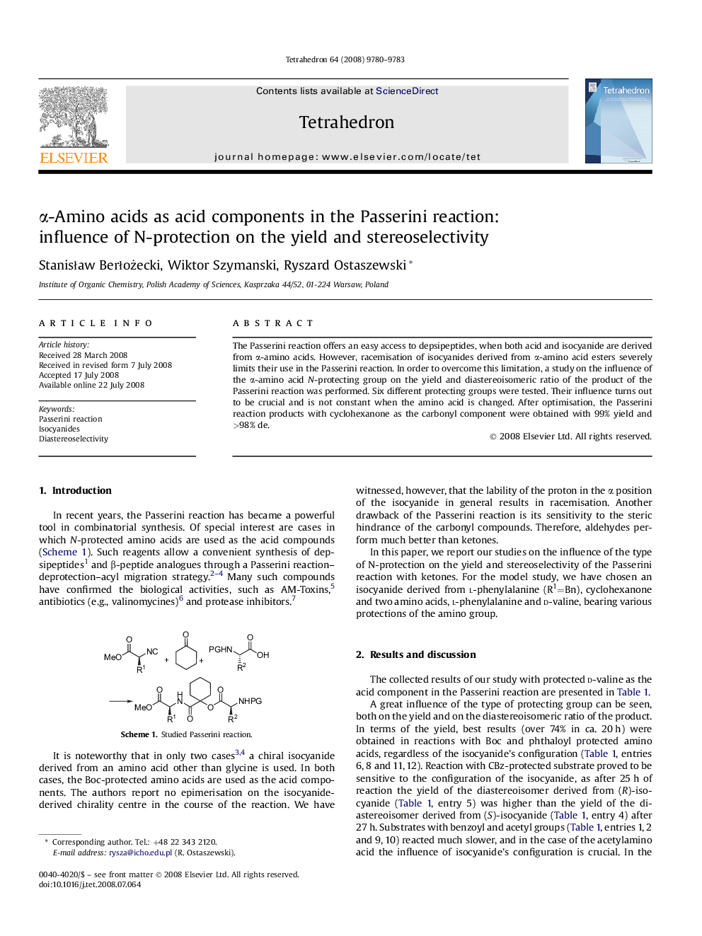 Î±-Amino acids as acid components in the Passerini reaction: influence of N-protection on the yield and stereoselectivity