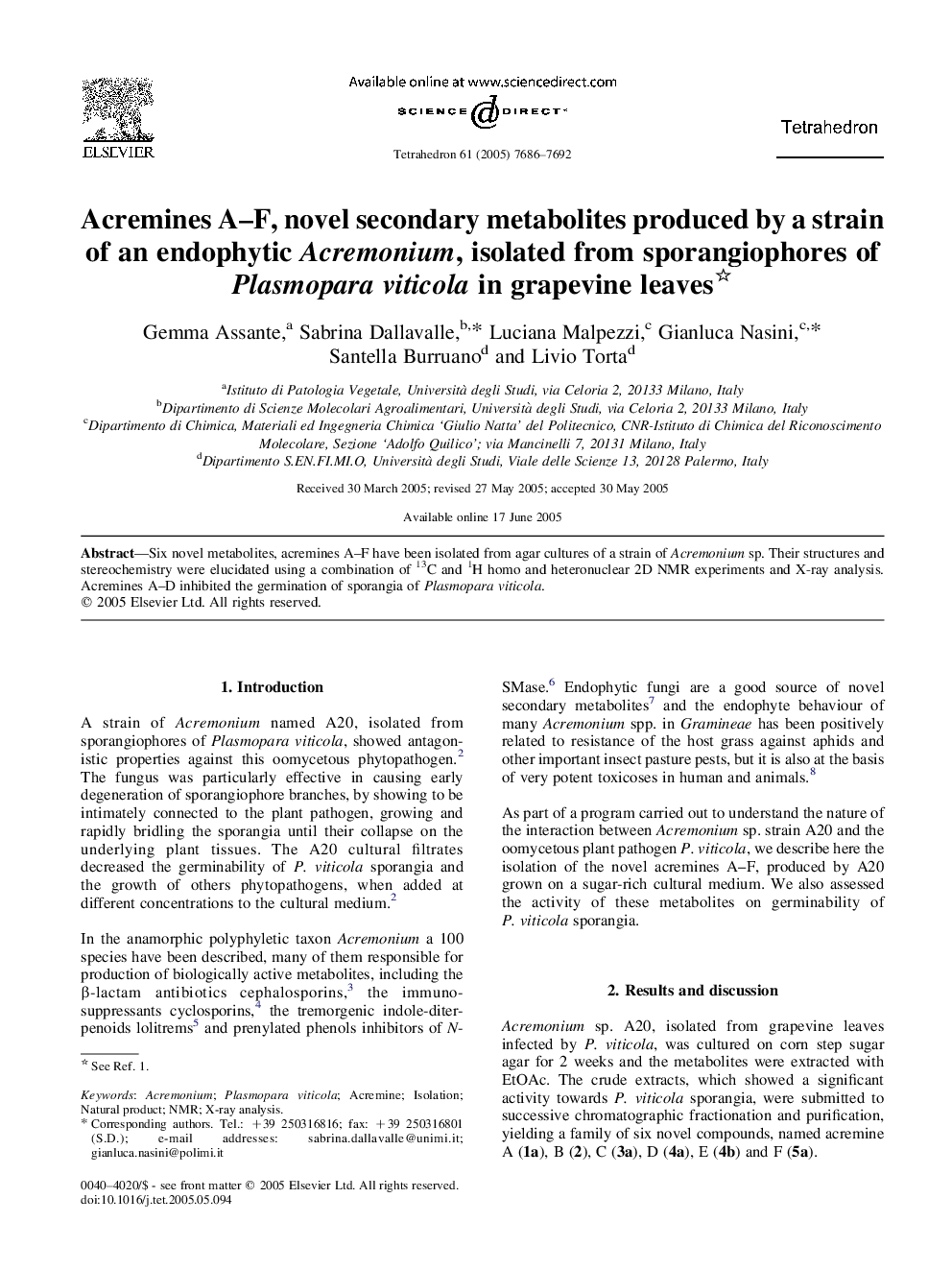 Acremines A-F, novel secondary metabolites produced by a strain of an endophytic Acremonium, isolated from sporangiophores of Plasmopara viticola in grapevine leaves