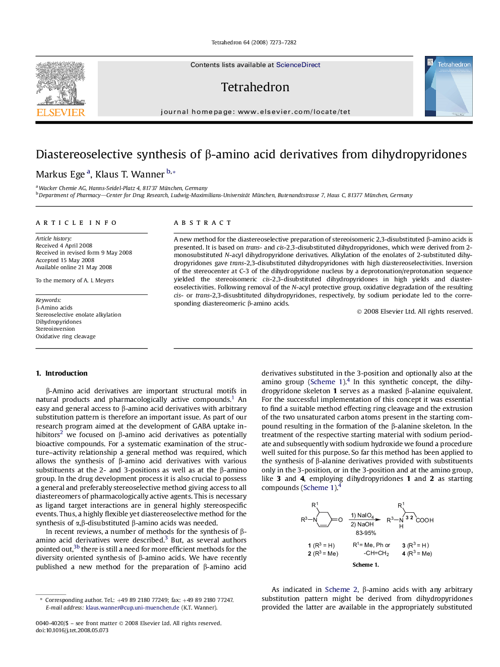 Diastereoselective synthesis of Î²-amino acid derivatives from dihydropyridones