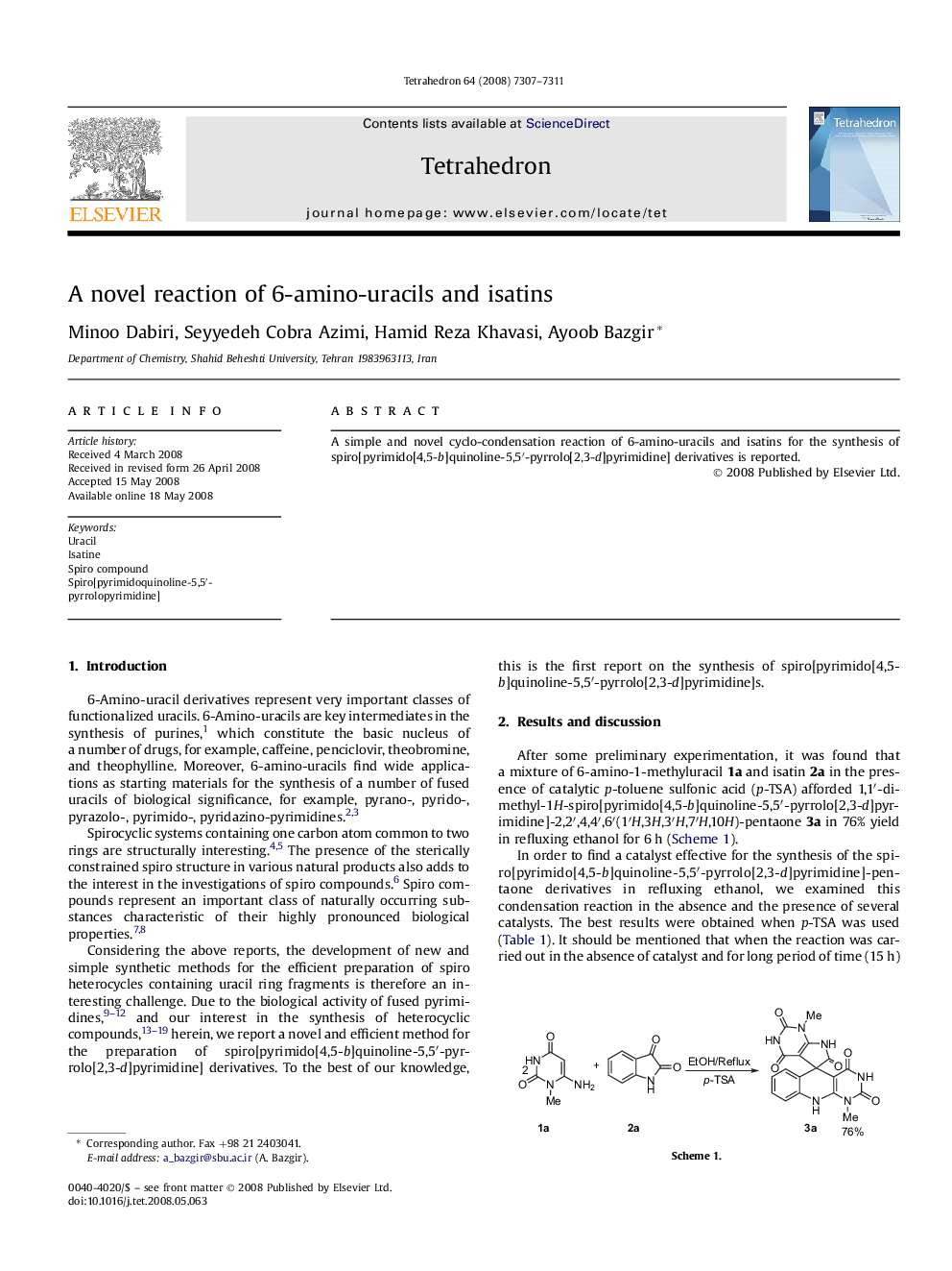 A novel reaction of 6-amino-uracils and isatins