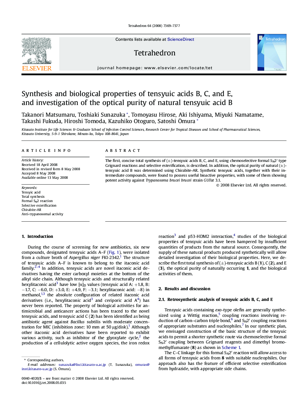 Synthesis and biological properties of tensyuic acids B, C, and E, and investigation of the optical purity of natural tensyuic acid B